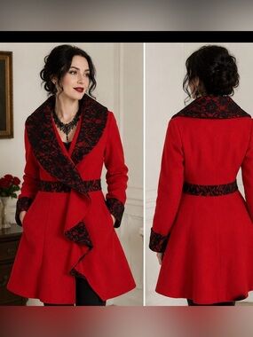 NWT Ryu Red Black Floral Lace Coat Jacket Gothic Victorian Fit Flare Size M